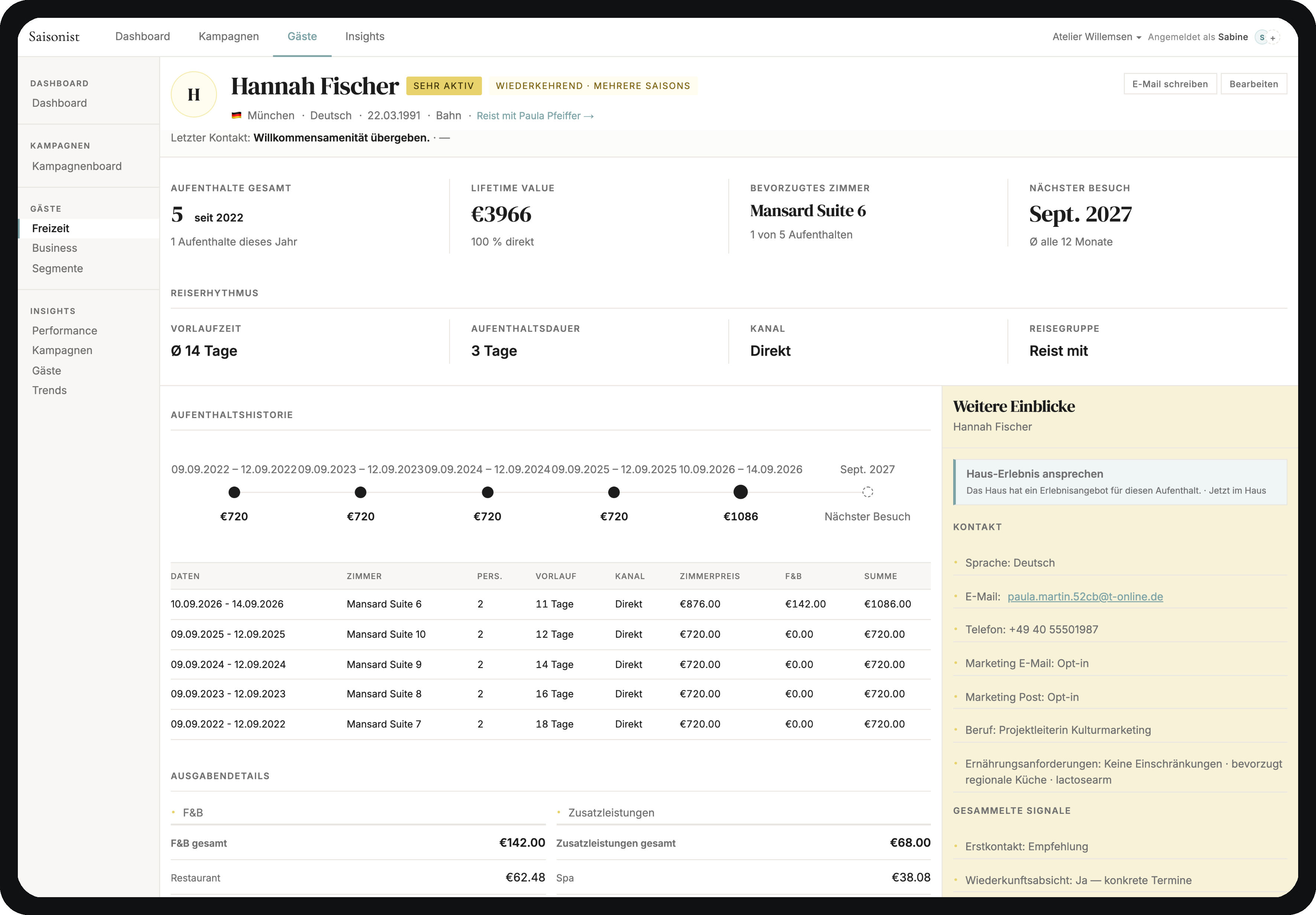 Saisonist Hotelmarketing-Software: Gästeprofile und Personalisierung
